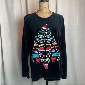 Michael Simon Lite Black Velour Christmas Tree Pullover Shirt Large Embroidered